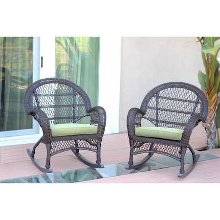 Jeco W00208-R-2-FS029-CS Espresso Wicker Rocker Chair with Green Cushion, 2PK W00208-R_2-FS029-CS